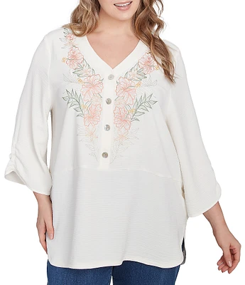 Ruby Rd. Plus Size Woven Embroidery Floral V-Neck 3/4 Sleeve Gauze Top