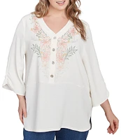 Ruby Rd. Plus Size Woven Embroidery Floral V-Neck 3/4 Sleeve Gauze Top