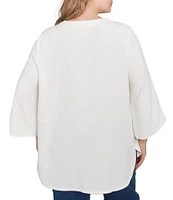 Ruby Rd. Plus Size Woven Embroidery Floral V-Neck 3/4 Sleeve Gauze Top