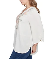 Ruby Rd. Plus Size Woven Embroidery Floral V-Neck 3/4 Sleeve Gauze Top