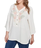 Ruby Rd. Plus Size Woven Embroidery Floral V-Neck 3/4 Sleeve Gauze Top
