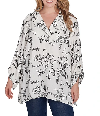 Ruby Rd. Plus Size Woven Floral Embroidered Notch Collar 3/4 Roll-Tab Sleeve Top