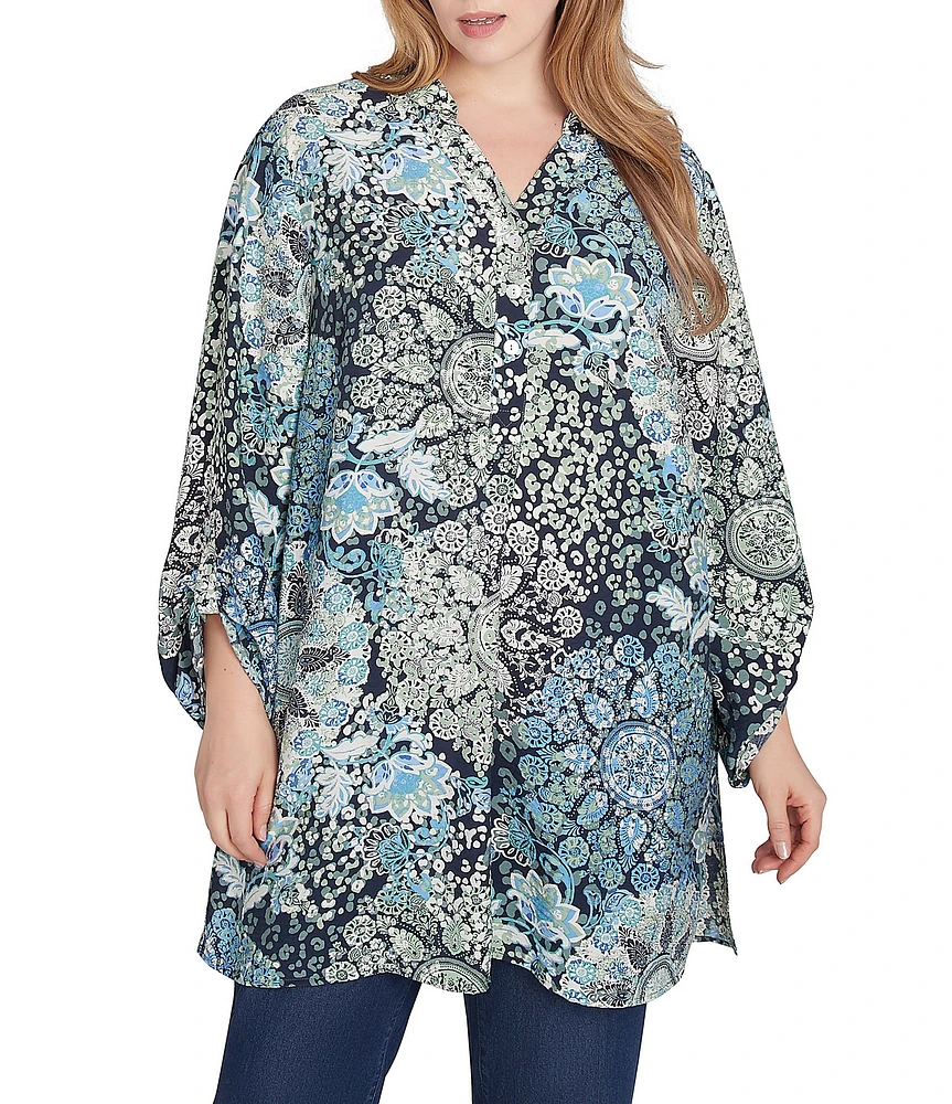 Ruby Rd. Plus Size Woven Medallion Patchwork Print Band Collar Long Roll-Tab Sleeve Tunic