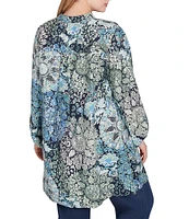 Ruby Rd. Plus Size Woven Medallion Patchwork Print Band Collar Long Roll-Tab Sleeve Tunic