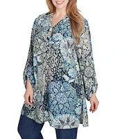 Ruby Rd. Plus Size Woven Medallion Patchwork Print Band Collar Long Roll-Tab Sleeve Tunic