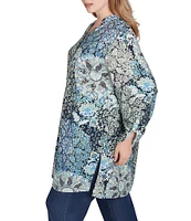 Ruby Rd. Plus Size Woven Medallion Patchwork Print Band Collar Long Roll-Tab Sleeve Tunic