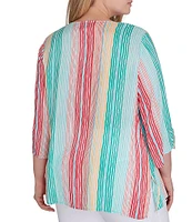 Ruby Rd. Plus Size Woven Metallic Wavy Stripe Embroidered Beaded Split V-Neck Ruched 3/4 Sleeve Top