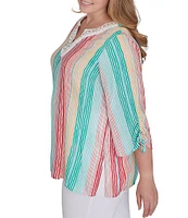 Ruby Rd. Plus Size Woven Metallic Wavy Stripe Embroidered Beaded Split V-Neck Ruched 3/4 Sleeve Top