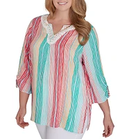 Ruby Rd. Plus Size Woven Metallic Wavy Stripe Embroidered Beaded Split V-Neck Ruched 3/4 Sleeve Top