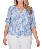 Ruby Rd. Plus Size Woven Paisley Print Banded Collar Short Roll-Tab Sleeve Tie Button-Front Shirt