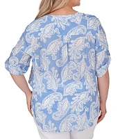 Ruby Rd. Plus Size Woven Paisley Print Banded Collar Short Roll-Tab Sleeve Tie Button-Front Shirt