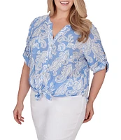 Ruby Rd. Plus Size Woven Paisley Print Banded Collar Short Roll-Tab Sleeve Tie Button-Front Shirt