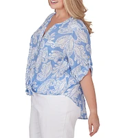 Ruby Rd. Plus Size Woven Paisley Print Banded Collar Short Roll-Tab Sleeve Tie Button-Front Shirt