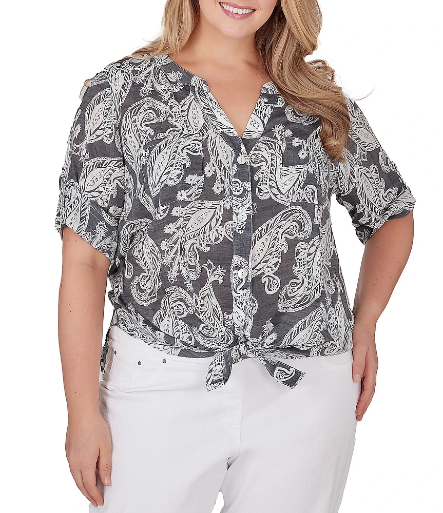 Ruby Rd. Plus Size Woven Paisley Print Banded Collar Short Roll-Tab Sleeve Tie Button-Front Shirt