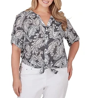 Ruby Rd. Plus Size Woven Paisley Print Banded Collar Short Roll-Tab Sleeve Tie Button-Front Shirt