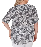 Ruby Rd. Plus Size Woven Paisley Print Banded Collar Short Roll-Tab Sleeve Tie Button-Front Shirt