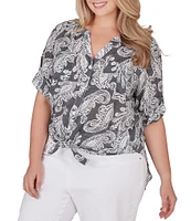 Ruby Rd. Plus Size Woven Paisley Print Banded Collar Short Roll-Tab Sleeve Tie Button-Front Shirt