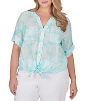 Ruby Rd. Plus Size Woven Paisley Print Banded Collar Short Roll-Tab Sleeve Tie Button-Front Shirt