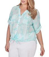 Ruby Rd. Plus Size Woven Paisley Print Banded Collar Short Roll-Tab Sleeve Tie Button-Front Shirt