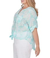 Ruby Rd. Plus Size Woven Paisley Print Banded Collar Short Roll-Tab Sleeve Tie Button-Front Shirt