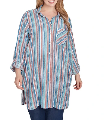 Ruby Rd. Plus Size Woven Striped Point Collar Long Roll-Tab Sleeve Button Front Shirt