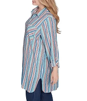 Ruby Rd. Plus Size Woven Striped Point Collar Long Roll-Tab Sleeve Button Front Shirt