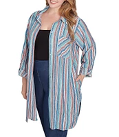 Ruby Rd. Plus Size Woven Striped Point Collar Long Roll-Tab Sleeve Button Front Shirt