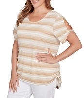Ruby Rd. Plus Size Yarn-Dyed Knit Stripe Scoop Neck Short Sleeve Side Ties Top