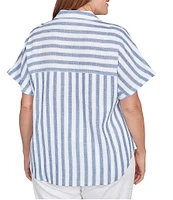 Ruby Rd. Plus Size Yarn-Dyed Woven Stripe Collared V-Neck Short Sleeve Button Front Shirt
