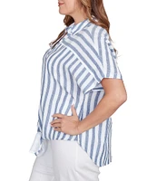 Ruby Rd. Plus Size Yarn-Dyed Woven Stripe Collared V-Neck Short Sleeve Button Front Shirt