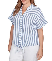 Ruby Rd. Plus Size Yarn-Dyed Woven Stripe Collared V-Neck Short Sleeve Button Front Shirt