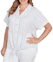 Ruby Rd. Plus Size Yarn-Dyed Woven Stripe Collared V-Neck Short Sleeve Button Front Shirt