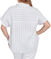 Ruby Rd. Plus Size Yarn-Dyed Woven Stripe Collared V-Neck Short Sleeve Button Front Shirt