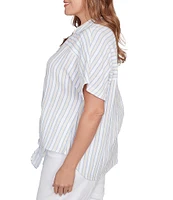 Ruby Rd. Plus Size Yarn-Dyed Woven Stripe Collared V-Neck Short Sleeve Button Front Shirt