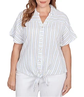 Ruby Rd. Plus Size Yarn-Dyed Woven Stripe Collared V-Neck Short Sleeve Button Front Shirt