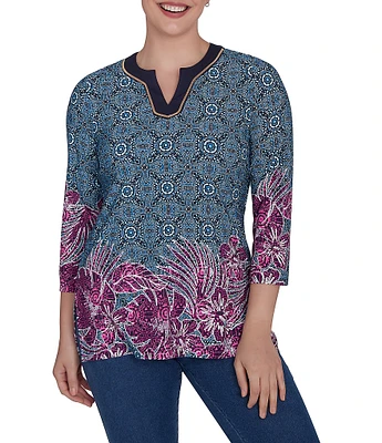 Ruby Rd. Polynesian Inspired Floral Border Print Split Contrast Trim V-Neck 3/4 Sleeve Side Slit Hem Tunic Top