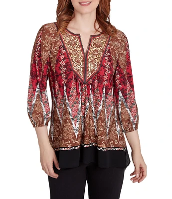 Ruby Rd. Printed Embellished Crepe Knit Split V-Neck 3/4 Sleeve Top