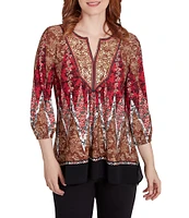 Ruby Rd. Printed Embellished Crepe Knit Split V-Neck 3/4 Sleeve Top