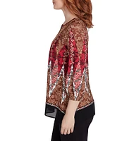 Ruby Rd. Printed Embellished Crepe Knit Split V-Neck 3/4 Sleeve Top