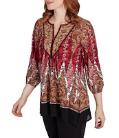 Ruby Rd. Printed Embellished Crepe Knit Split V-Neck 3/4 Sleeve Top