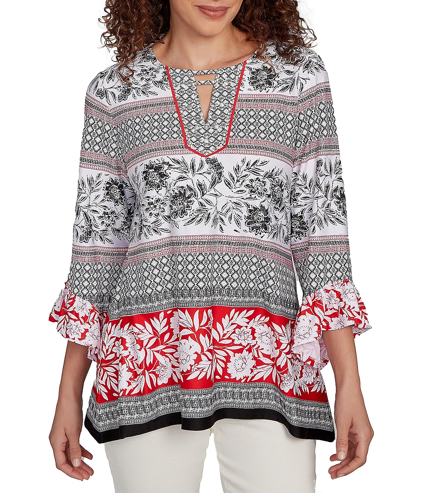 Ruby Rd. Printed Embellished Keyhole Neck 3/4 Ruffle Sleeve Sharkbite Hem Top