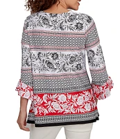 Ruby Rd. Printed Embellished Keyhole Neck 3/4 Ruffle Sleeve Sharkbite Hem Top