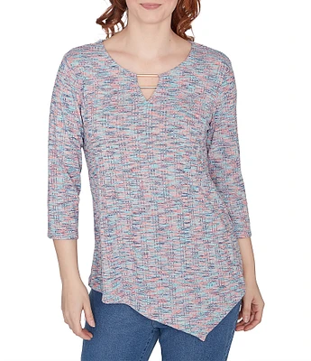 Ruby Rd. Printed Keyhole Double Bar Detail 3/4 Sleeve Drop Needle Knit Top