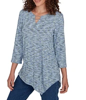 Ruby Rd. Printed Knit Keyhole V-Neck 3/4 Sleeve Asymmetric Hem Top