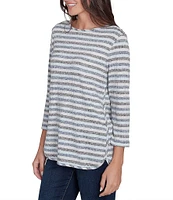 Ruby Rd. Ribbed Knit Stripe Boat Neck 3/4 Sleeve Top