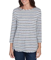 Ruby Rd. Ribbed Knit Stripe Boat Neck 3/4 Sleeve Top