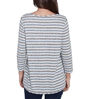 Ruby Rd. Ribbed Knit Stripe Boat Neck 3/4 Sleeve Top