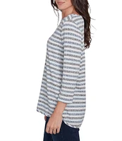 Ruby Rd. Ribbed Knit Stripe Boat Neck 3/4 Sleeve Top