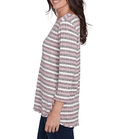 Ruby Rd. Ribbed Knit Stripe Boat Neck 3/4 Sleeve Top