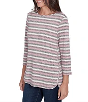 Ruby Rd. Ribbed Knit Stripe Boat Neck 3/4 Sleeve Top